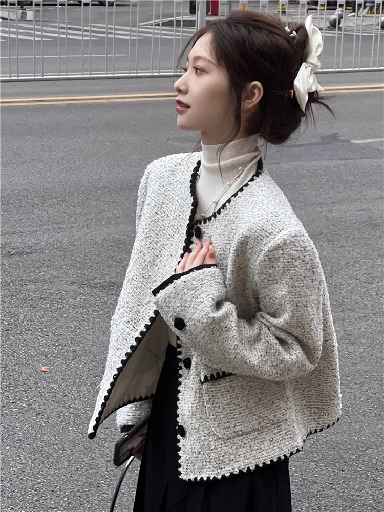 

Jmprs Streetwear Sweet Tweed Jacket Women Fashion French Casual Faux Woolen Coat Autumn Winter Female Elegant Long Sleeve Jacket