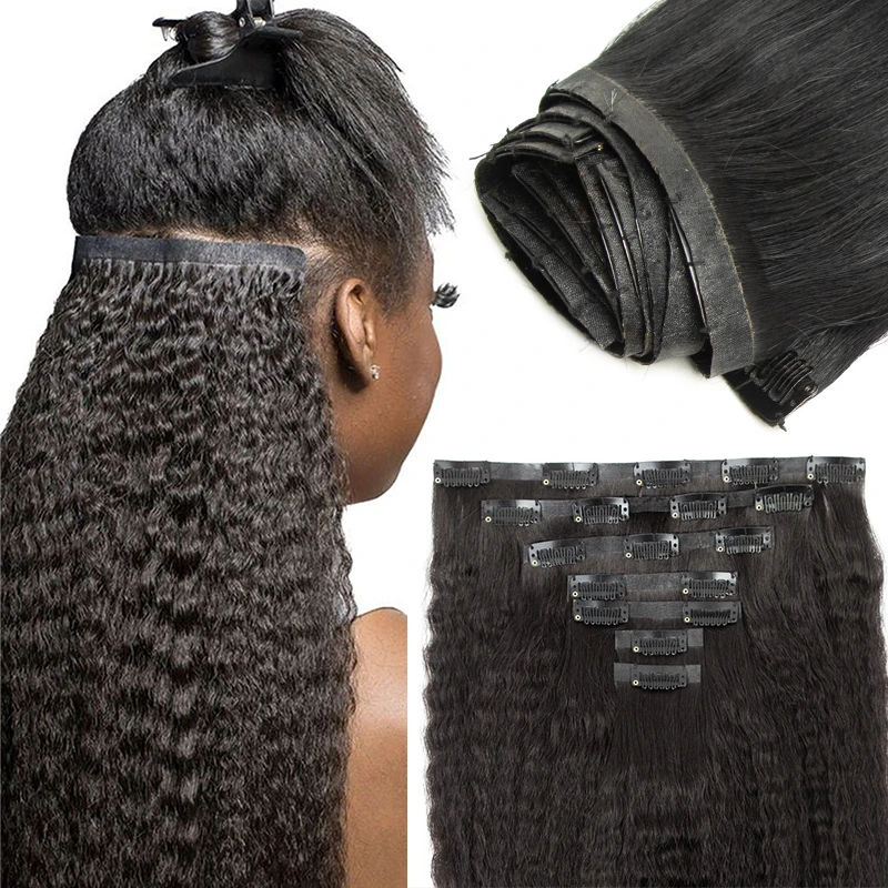 Kinky Straight Clip In Human Hair Extensions Seamless PU Weft Clip On Hair 12"-22" 100G-120G in Extensions Remy Hairs
