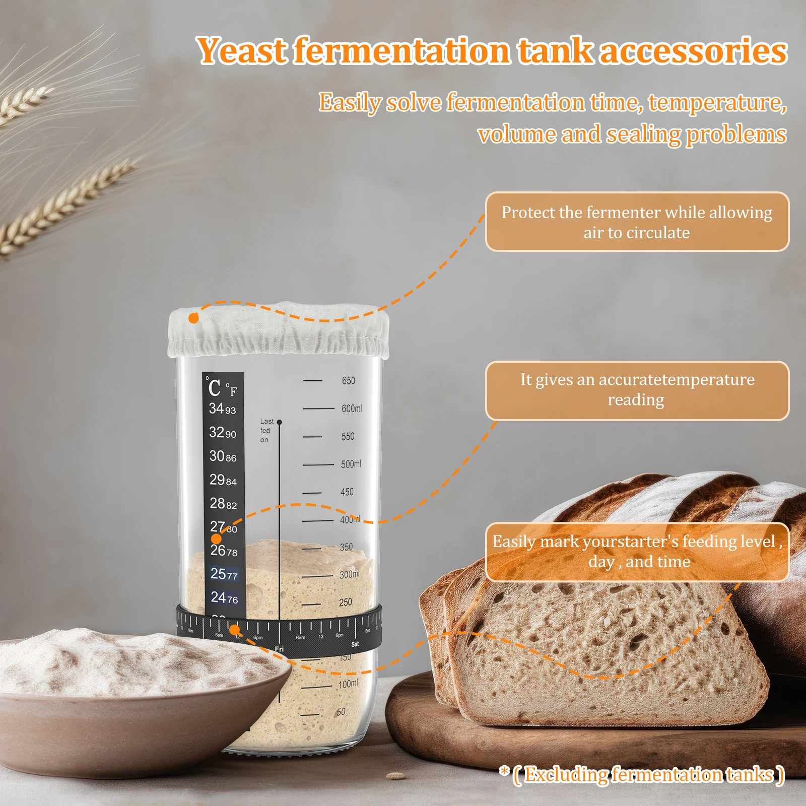 7Pcs Sourdough Starter Accessories with Cloth Cap Silicone Spatula Date Band and Temperature Paper Sourdough Starter Jar Tools, sourdough starter kit