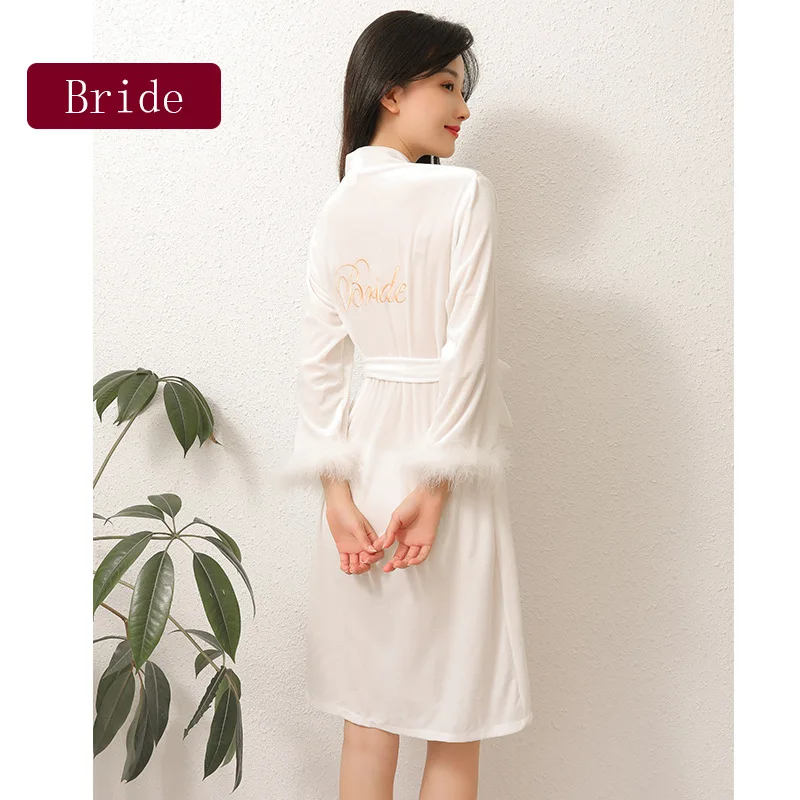 

Кимоно женское велюровое с вышивкой, пикантный кардиган для невесты и подружки невесты, нижнее белье, халат с перьями и длинным рукавом, домашняя одежда, m-xl