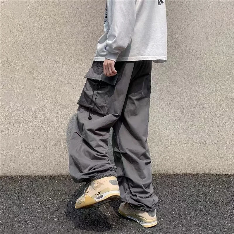 

American retro hip-hop street tooling oversized pocket trousers men's loose solid color casual pants Y2K couple wide-leg pants