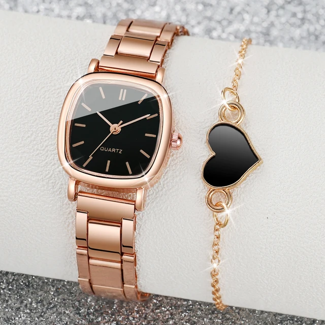 2PCS/Set Fashion Square Women Watches Stainless Steel Band Quartz Watch Heart Bracelet Set - Image 2
