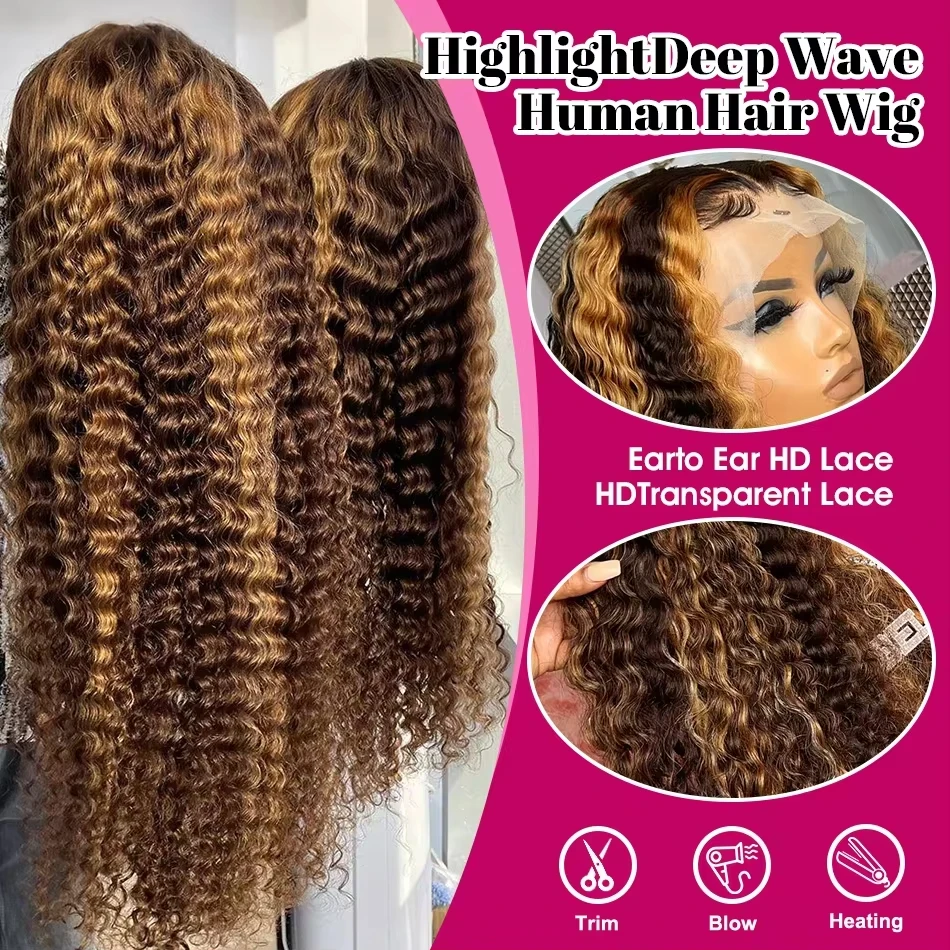 40 Inch Highlight Wig Human Hair 13X6 Hd Lace Frontal Wigs 200 Density Deep Wave Lace Front Wigs Curly Human Hair Wig For Women 5
