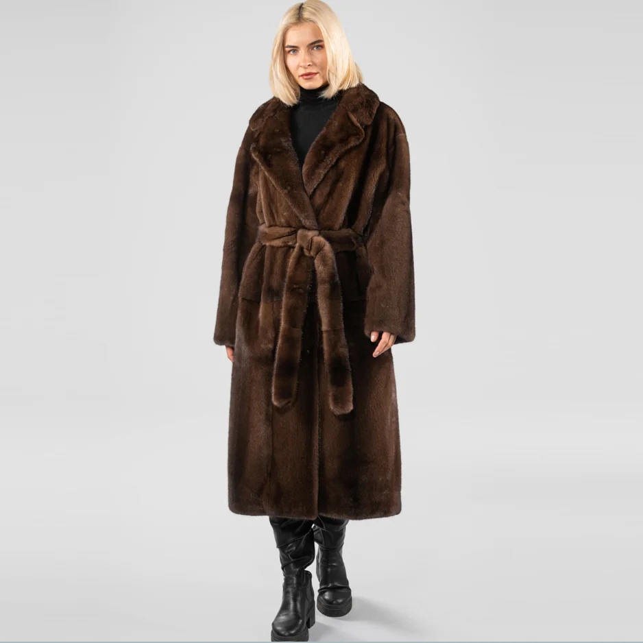 Ladies real mink fur coat with belt – front view | Vexaro
