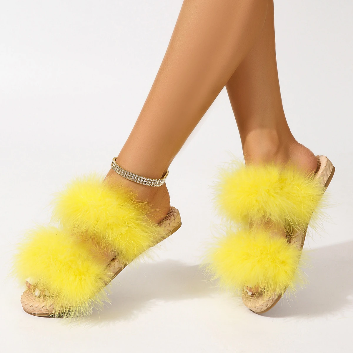 Raccoon Fur Slippers Slides For Women Open Toe Fuzzy Fur Slippers