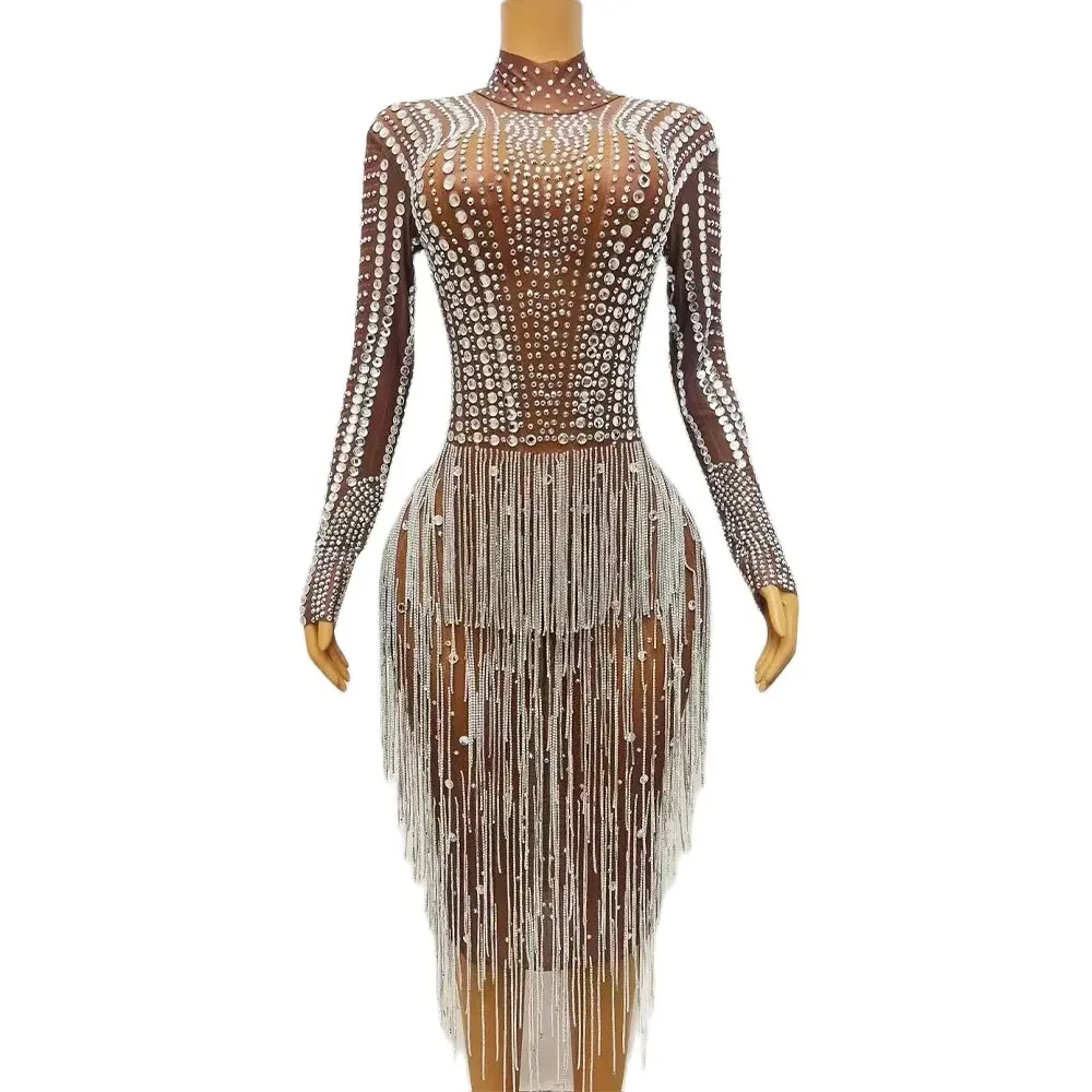 

Sexy Stage Sparkly Crystals Chain luxurious Dress Evening Party Costume Silver Rhinestones Brown Mesh Celebrate Photoshoot Dress