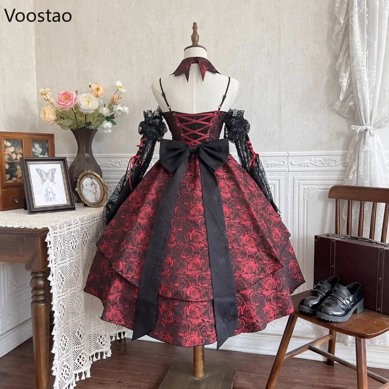 Victorian Elegant Lolita Dress Set Women Gothic Rose Flower Bandage Halloween Party Dress With Black Lace Sleeve Princess