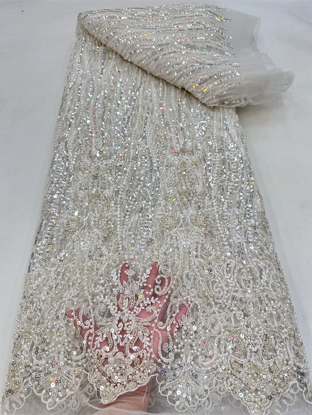

Luxury African Sequins Lace Fabric 2023 High Quality Embroidery Handmade Sequence Beaded Lace Fabric For Bridal 5 Yards PL450-1