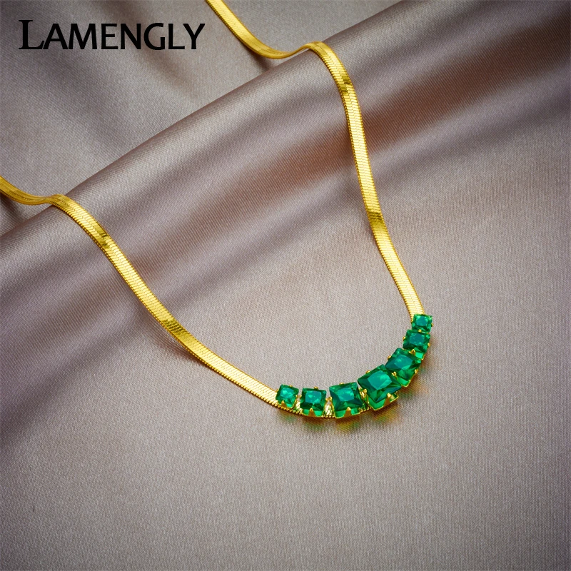 

LAMENGLY 316L Stainless Steel Green White Square Crystal Zircon Necklace For Women Fashion Flat Snake Chain Luxury Jewelry Gifts