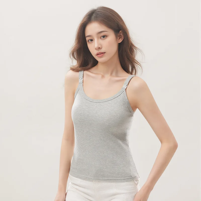 고정 컵이 있는 임산부용 골지 코튼 실크 캐미솔, 수유 및 레이어링을 위한 스타일리시한 수유 탱크탑