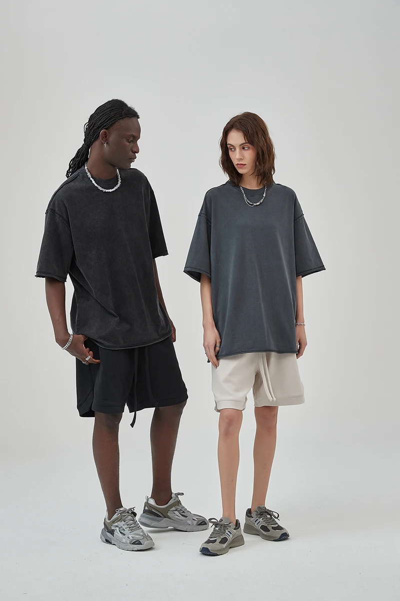 Distressed T-Shirt   Anywear Unisex MiteigiYūki Fitness Round O-Neck Crewneck European and American Streetwear Washed-water Mens and Womens Oversize Hasselle Train Line Scattered Edge Top Sportswear T-Shirts Plus size Tops for Man Woman in Black Dark gray grey