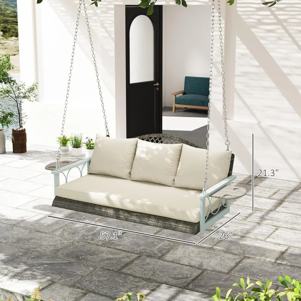 3 Person Wicker Porch Swing Chair Heavy Duty 800 LBS with Cup Holder, 57 Inch Outdoor Rattan Patio Hanging Swing Bench with Cus 5