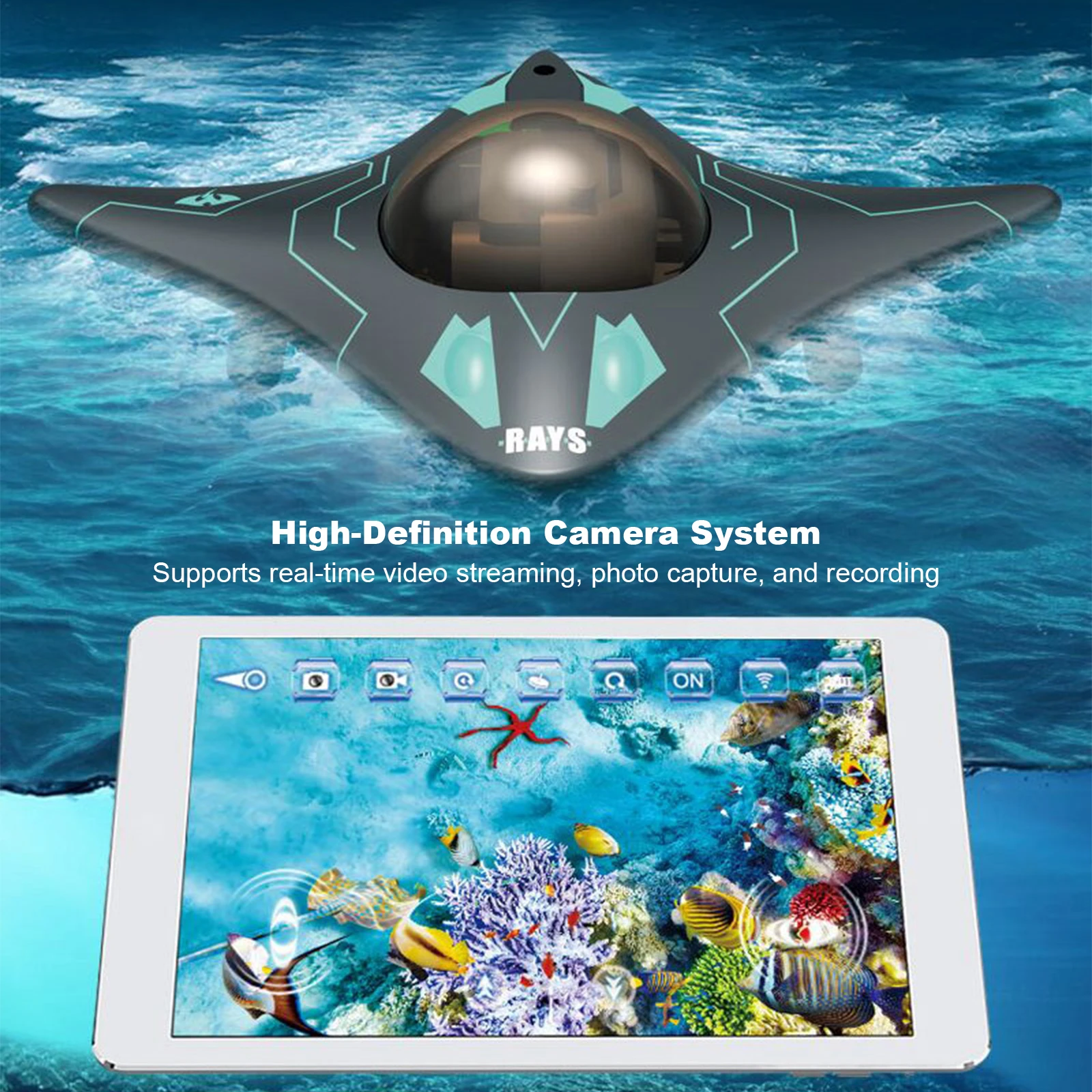 Vue sous-marine du drone submersible 6 canaux, bateau télécommandé avec caméra filmant sous l'eau.