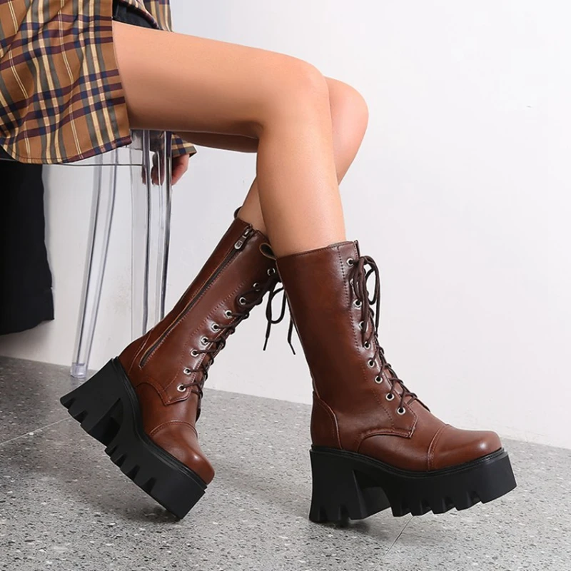 

BLXQPYT Zapatos De Mujer Fashion Thick Heels Square Toe Lace-up Zip Non-slip Ankle Women Boots Autumn Winter platform Shoes 018