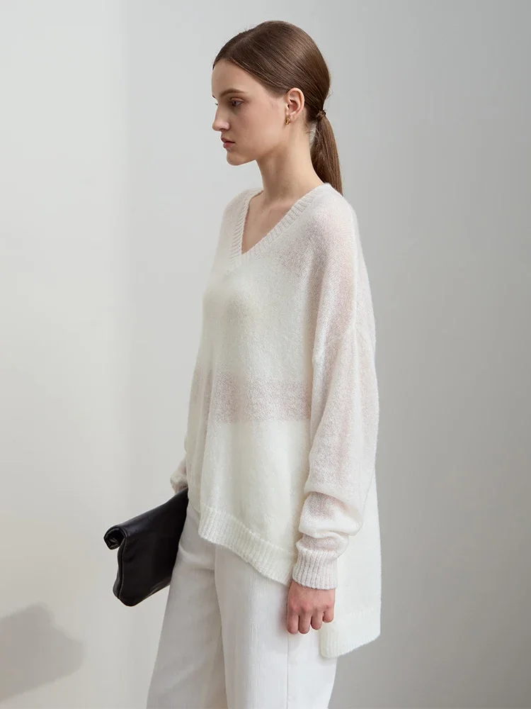Amii Minimalism V-Neck Dopamine Shoulder Thin Pullover Split Asymmetrical Solid Long Sleeve Wool Loose Knitted Sweater 12521038 3