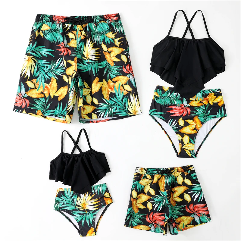 

2023 Leaf Swimsuits Family Matching Outfits Look Ruffled Mother Daughter Swimwear Mommy and Me Clothes Father Son Swim Shorts