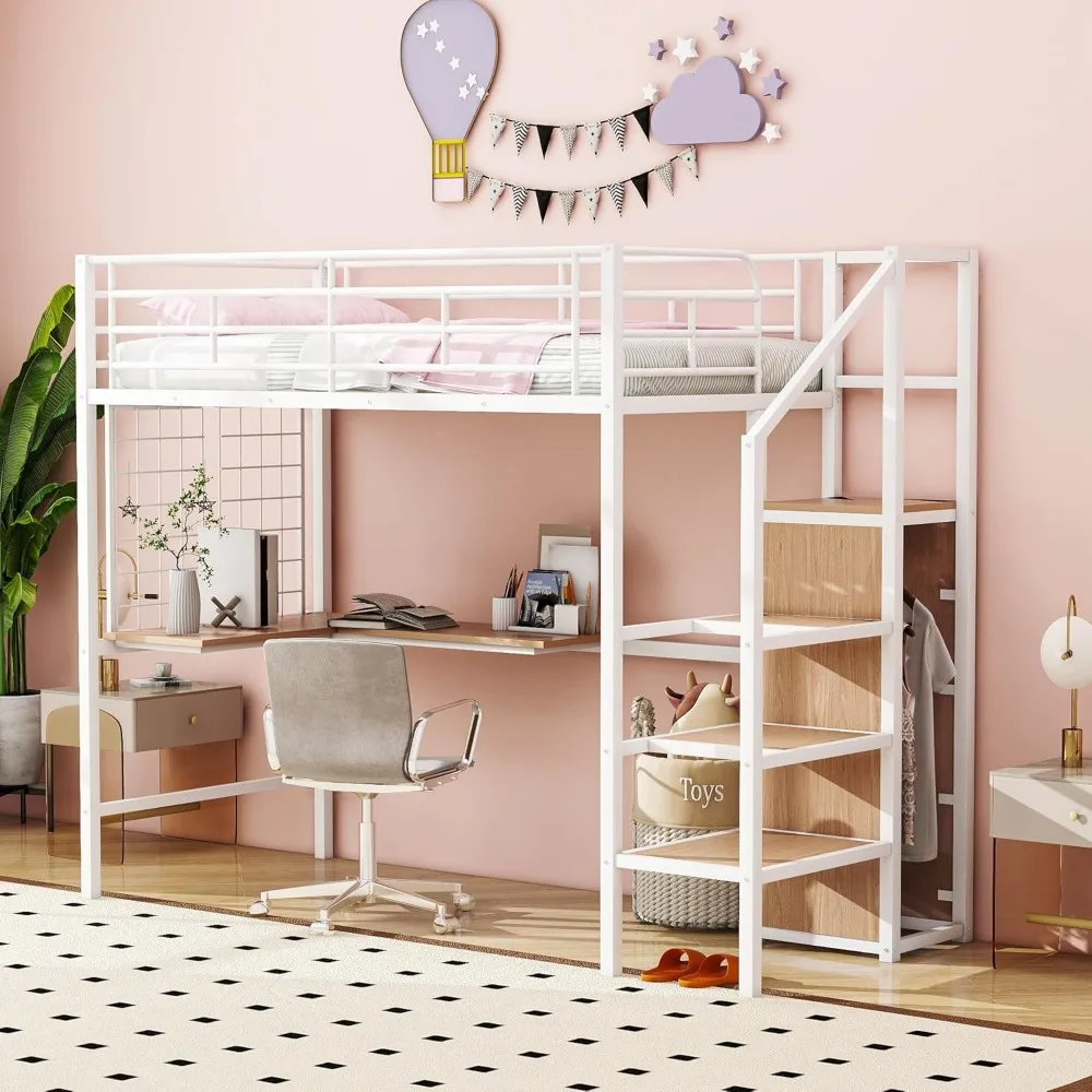 

Loft Bed Twin Size with Desk and Storage Stairs, Metal Loft Bed Frame w/Wardrobe,Guardrail& Bookcase
