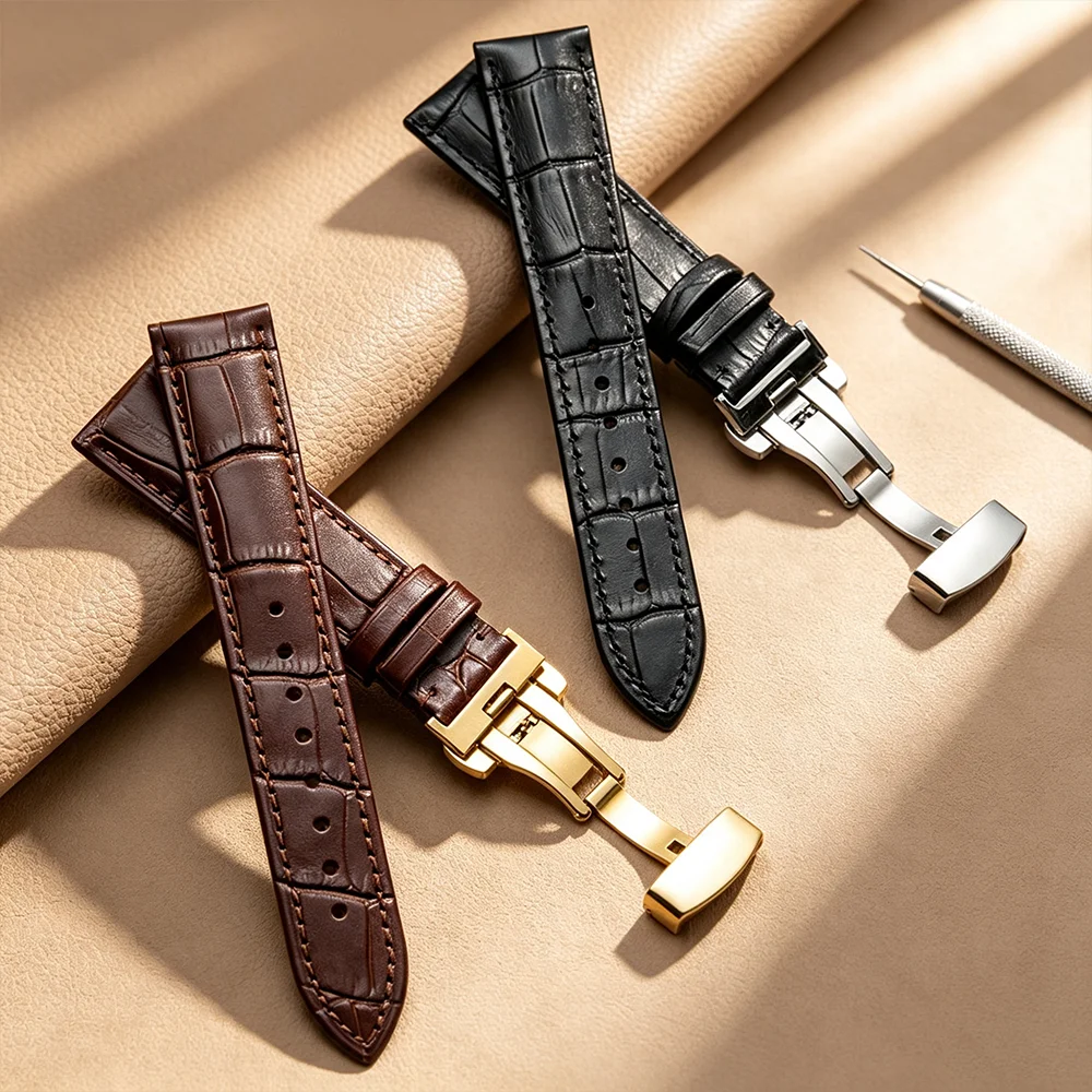 Luxurious Genuine Calfskin Leather Watch Strap with Butterfly Buckle - Available in Multiple Sizes