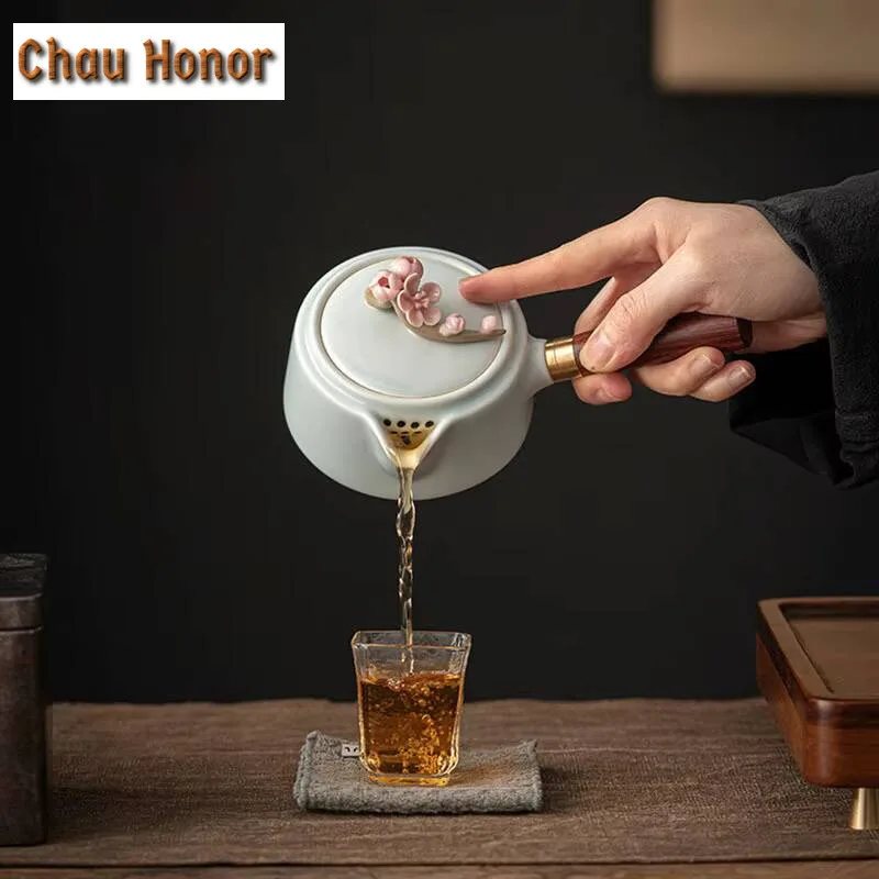 200ml Boutique Celadon Handmade Knead Plum Blossom Ceramic Side Handle Tea Maker Pot With Filter Kungfu Teaware Accessories Gift