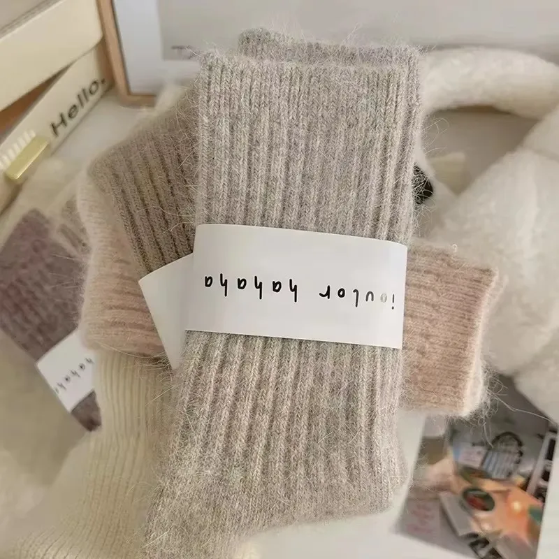 Winter Women's Cashmere Wool Socks Japanese Harajuku Style Solid Color Long Thermal Fashion Sox