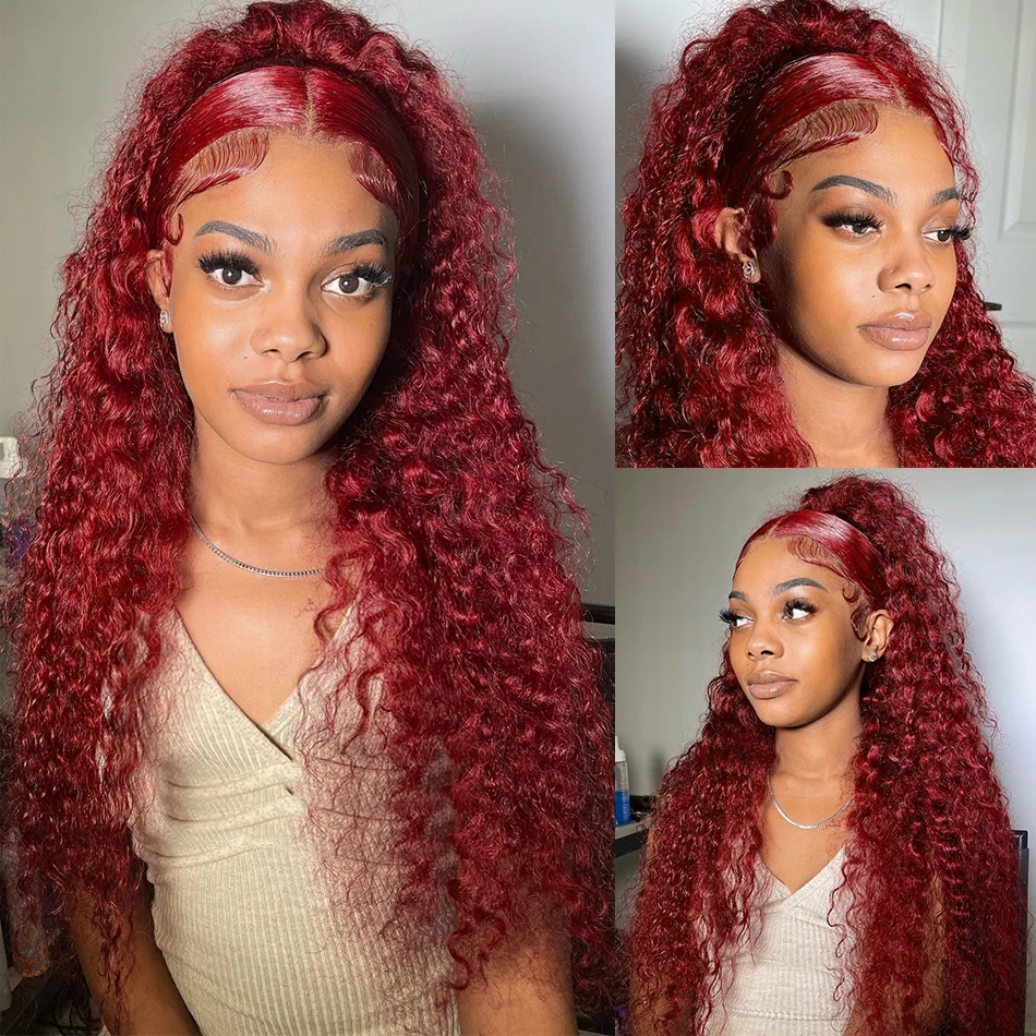 220% Red Colored Deep Wave Lace Frontal Wig Brazlian 30 34 Inch 99J Burgundy Curly 13x4 Lace Front Wigs Human Hair For Women
