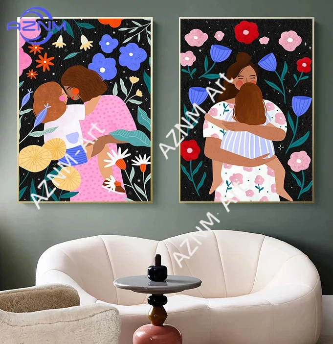 Poster e Dipinti su Tela con Illustrazioni Astratte Minimaliste di Ragazze, Mamme e Figlie, Arte Murale per Camere dei Bambini e Decorazioni per la Casa - immagine 3