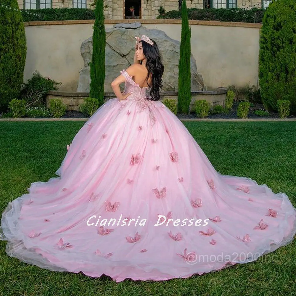 Sweetheart Spaghetti Straps Sleeveless 3D Butterfly Appliques Beaded Pink Sweet 16 Quinceanera Dress WQ1090