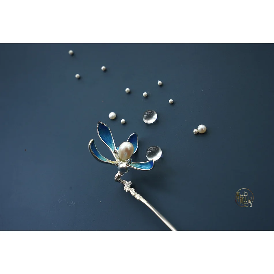 Qinghe 메모리 꽃 자세 시리즈 Konggu Youlan 원래 에나멜 진주 난초 Hanfu 머리핀