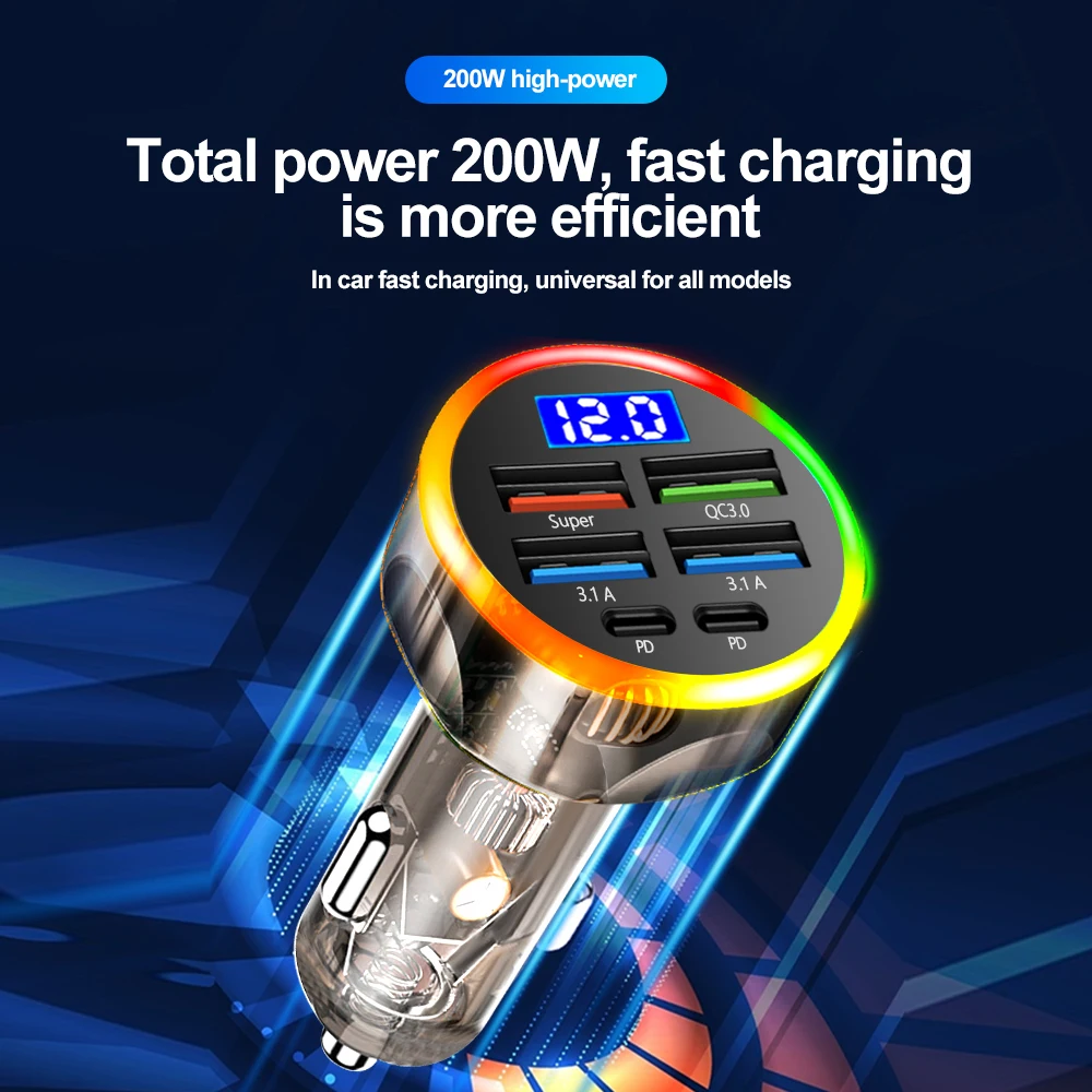 Car Charger with Digital Display 200W Multi Ports Fast Charging PD QC3.0 USB Quick Charging Adapter for iPhone Samsung Xiaomi