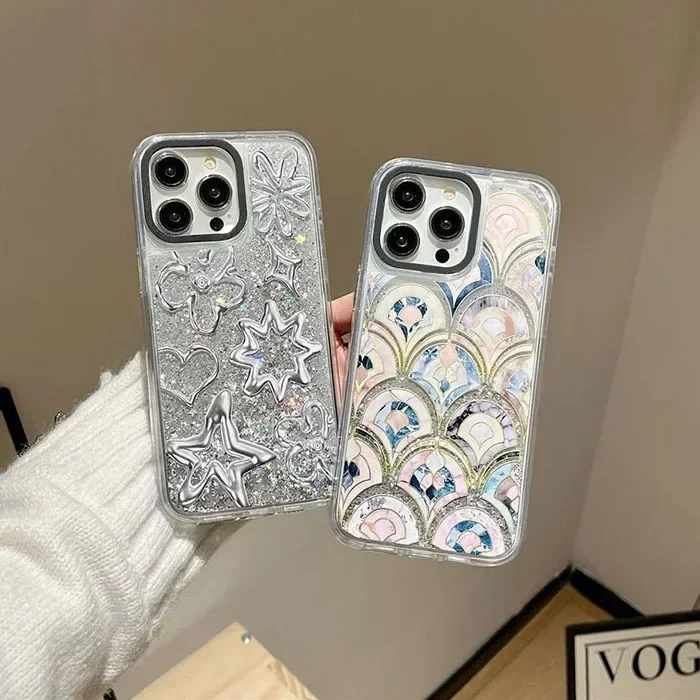 Transparent Border Silver Quicksand Star Scale iPhone 12 13 14 15 Pro Max Case - Protective iPhone Case