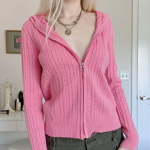 Dourbesty Women Y2k Cute Pink Zip Up Crochet Hoodies Jackets Long Sleeve  Ribbed Stretchy Sweater Casual Hooded Cardigan Coat - Cardigan - AliExpress