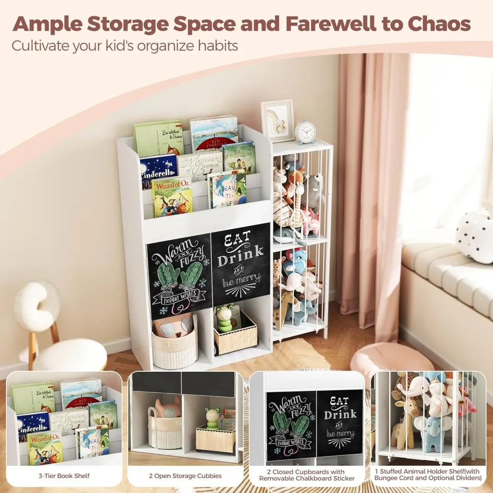 Toy Storage Organizer Kid Bookshelf with Stuffed Animal Storage Holder Floor Storage Cabinet Toy Chest 3-Tier Toddler Book Shelf 6