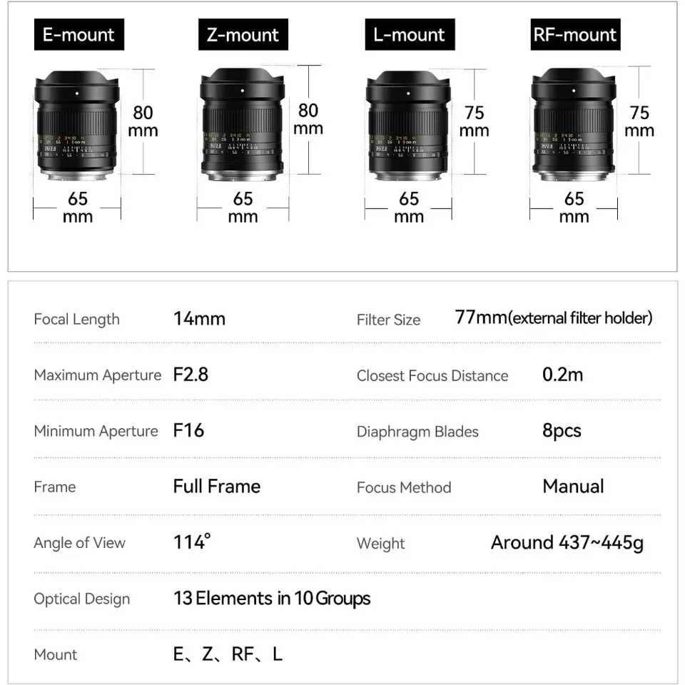 TTARTISAN 14mm F2.8 풀프레임 MF 프라임 렌즈 초광각 ASPH 렌즈 ( E 마운트, 캐논 RF 마운트, 니콘 Z 마운트, L 마운트 호환) A7II A7III A7IV