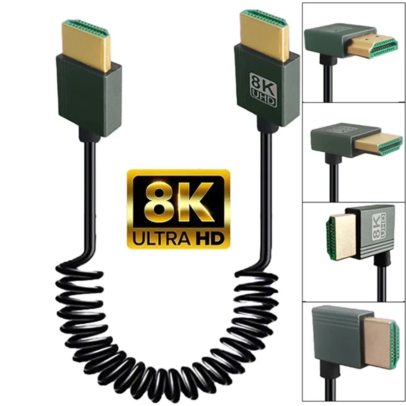 HDMI Adapter Cable HDMI Cable HDTV Adapter Cable HDTV Cable 8K UHD 90 Degree Stretch Spring Coiled Display Cord For Laptop PC DVD PS4 Camera Monitor HDTV