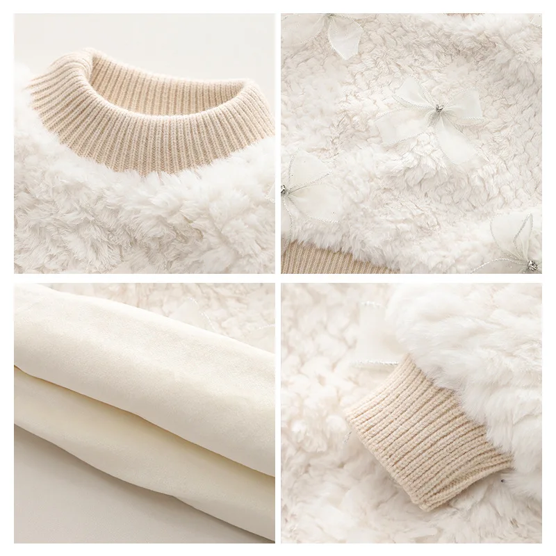 YBFSKID 겨울  소녀 스웨터 플러스 벨벳 두꺼운 리본  소녀 풀오버 부드러운 라운드 칼라 1-5세 어린이 소녀 퍼 스웨터