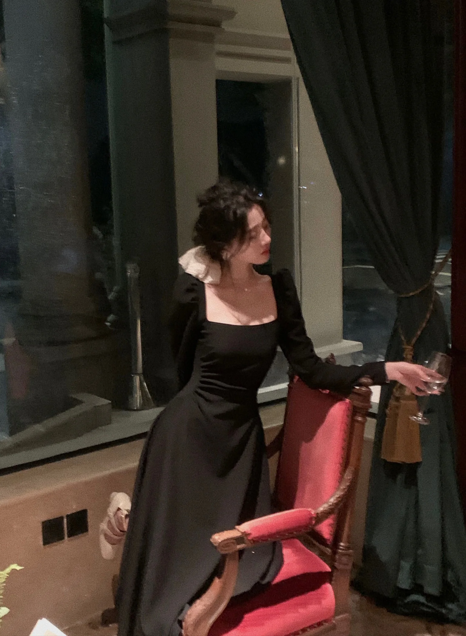 Spring New Elegant Square Collar Midi Party Dresses for Women Long Sleeve Black White Slim Vestidos Female High Waist Clothes