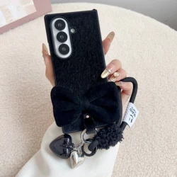 Plush Heart Pendant Fold Phone Case with 3D Bow and Rope Strap for Galaxy Z Fold3 (Black)