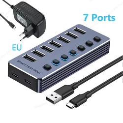 Aluminum 7 - Port USB 3.0 Hub with On/Off Switches and Power Adapter (7 Port EU plug)