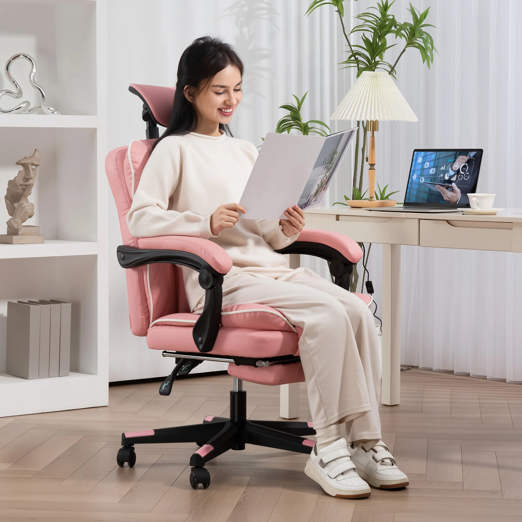 Pu Leather Office Chair, Executive Desk Chair with Headrest, Foot Rest, Swivel Wheels, Reclining Computer Chair, Pink 5