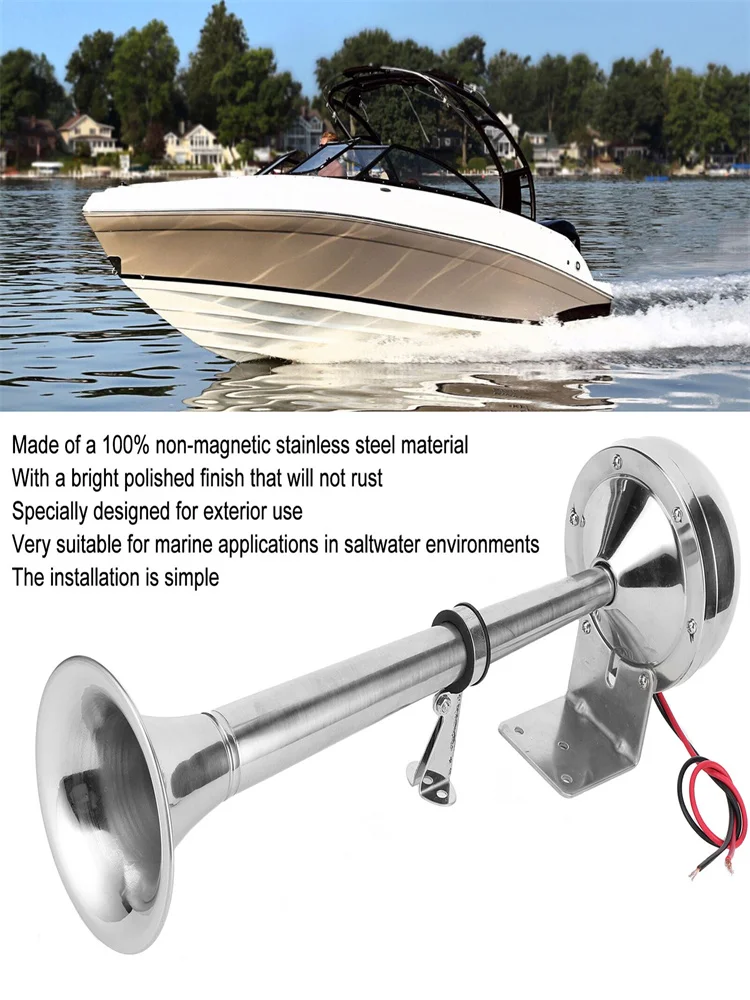 12V/24V Polished Stainless Steel Single Trumpet Horn Low Tone For Marine Boat Truck Lorry Caravan RV