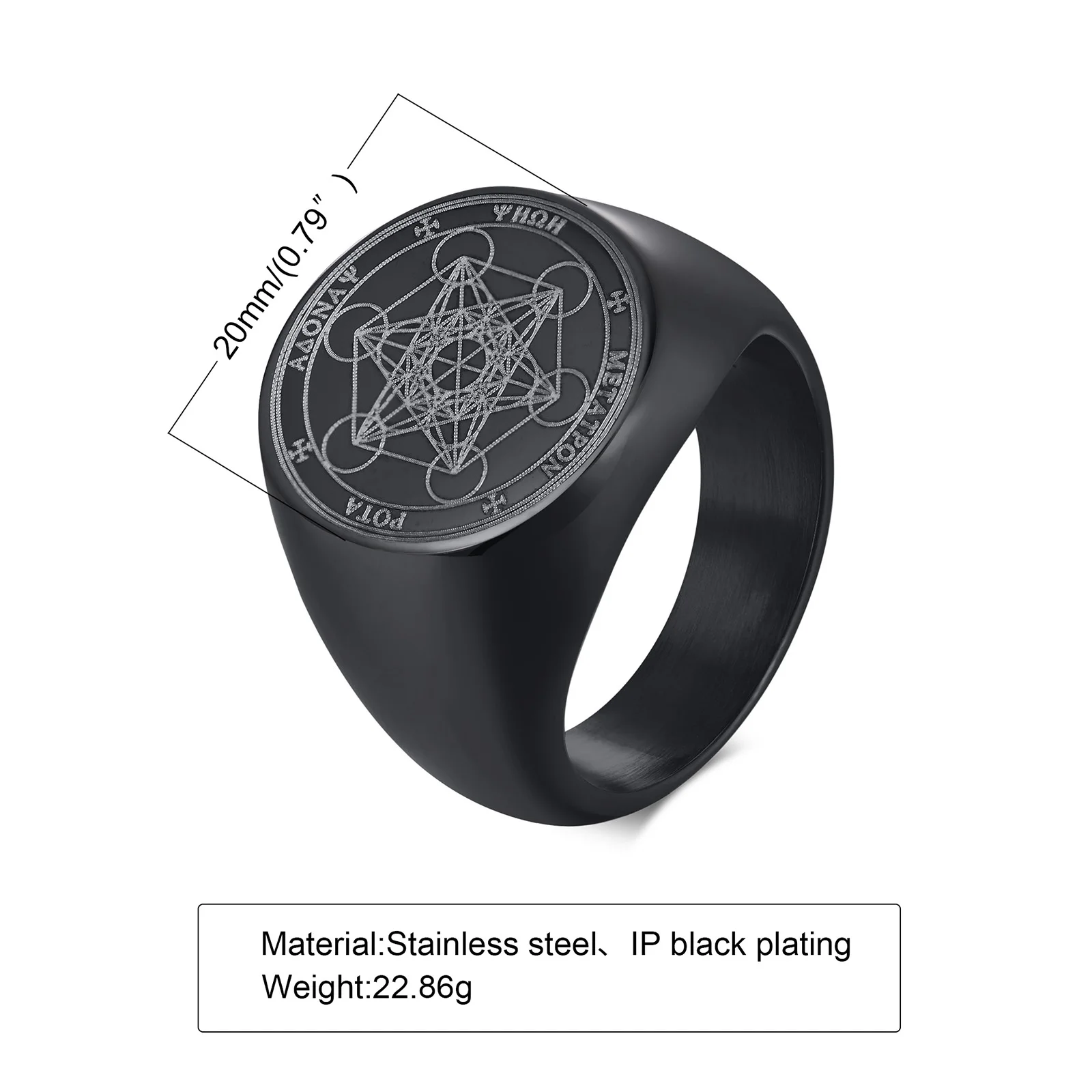 Stainless Steel Metatron’s Cube Symbol Mens Hexagon Crest Signet Ring 
