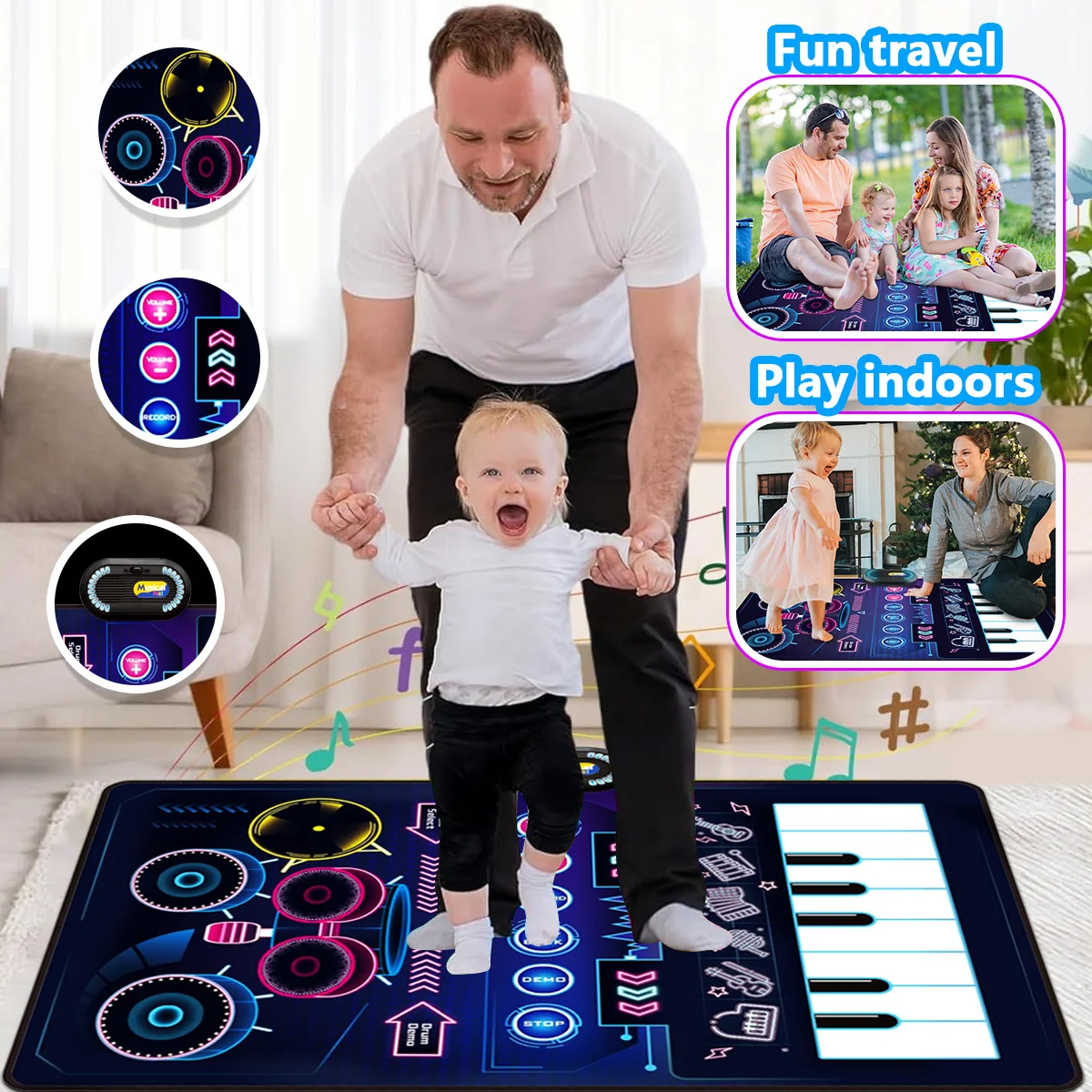 Piano Mat, Music Sensory Play Mat Piano Keyboard&Jazz Drum Music Piano Mat with 2 Sticks for Kids Instrument Education Gift - 3
