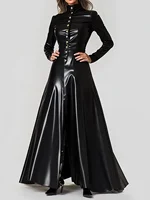 Spring Maxi Dresses for Women High Neck Black PU Leather Dress Women Long Sleeve Button Slim Fit Elegant A-Line Dress