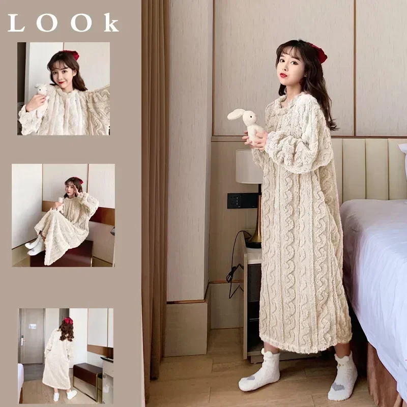 

Women Flannel Sleepwear Winter Fancy Solid 2023 Nightdress Long Jacquard Warm Size Dress Nightgowns Plus New Color Night