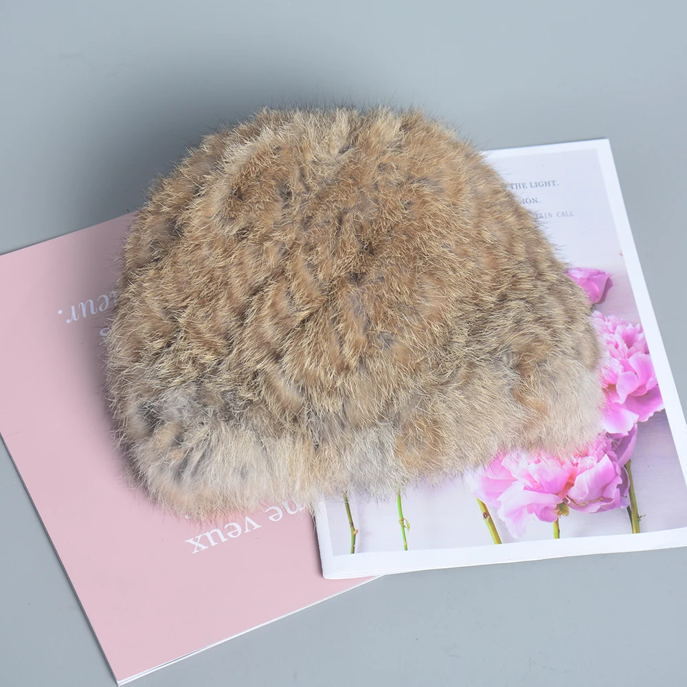 Fur Hat Winter Hat Russian Women Knitted Real Rabbit Fur Bomber Hats Winter Lady Warm Fluffy