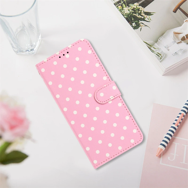 Luxury Leather Flip Wallet Card Case with Wave Dot Pattern - Elegant Phone Cover