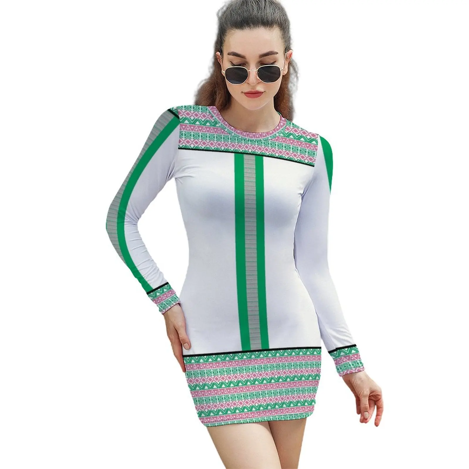 

Kente Homage in Pink and Green by HeavenNezCree Long-Sleeved Sheath Dress evening dresses women cute dress
