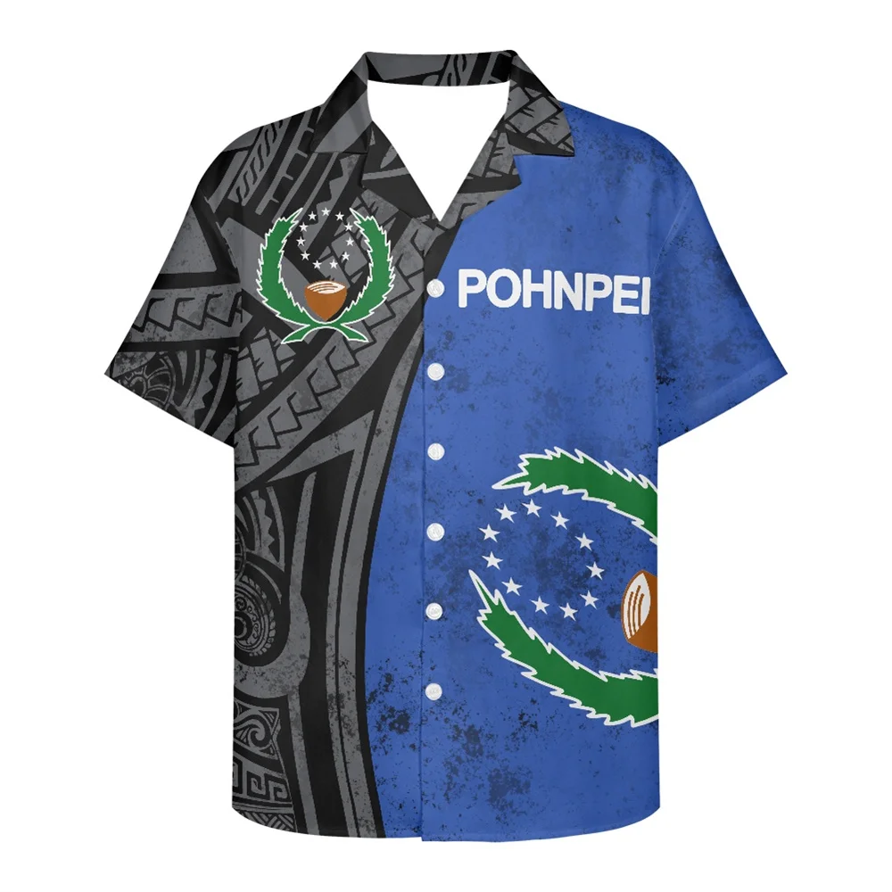 

Beach Shirt Loose Polynesian Tribal Clothing Pohnpei Logo Grey and Blue Print Custom Designer Clothes Shirts Men 2022 Clothing