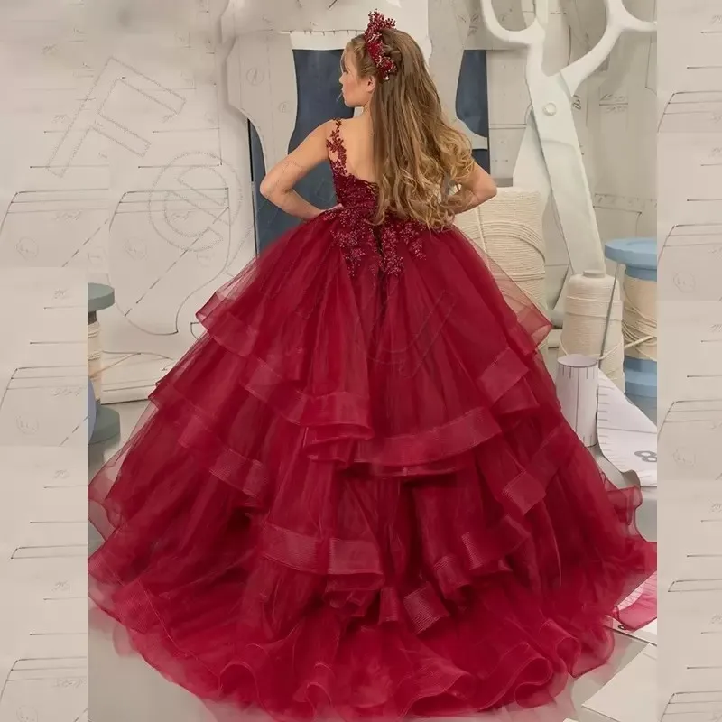 Borgogna Ruffles Flower Girls Dresses Beaded Kids Birthday Party Ball Owntiered Tulle Lace Appliques Child Comunion Dress