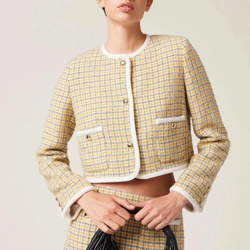 

NIGO Check Printed Striped Trim Single Breasted Jacket Women's Fashion Shorts Blocking Low Waist Casual Skirt Set #nigo6437